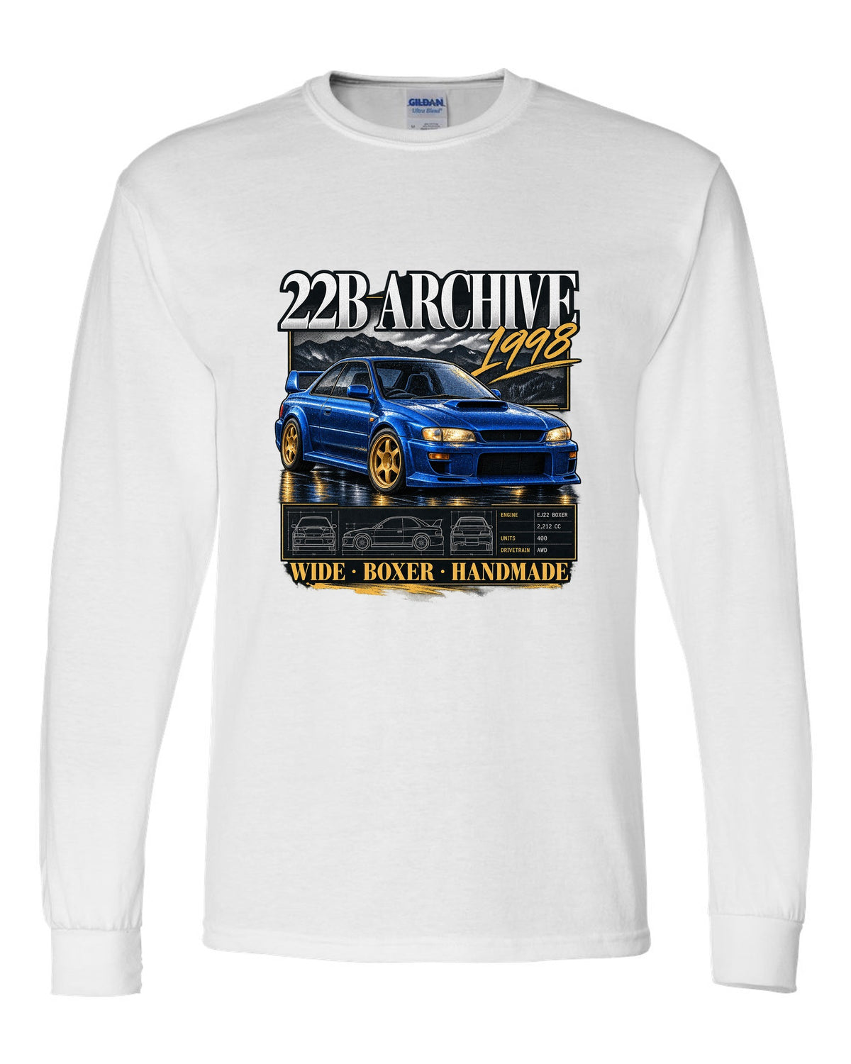 Archive panel print of a Subaru Impreza 22B STi GC8 with 400 built lettering white long sleeve front view with the design
