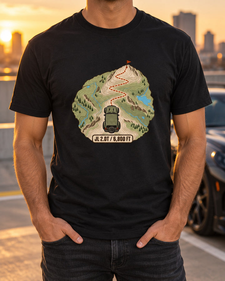 JL Wrangler 2.0T Switchback Contour Map Shirt, 6,800 Ft T-Shirt Black worn hero