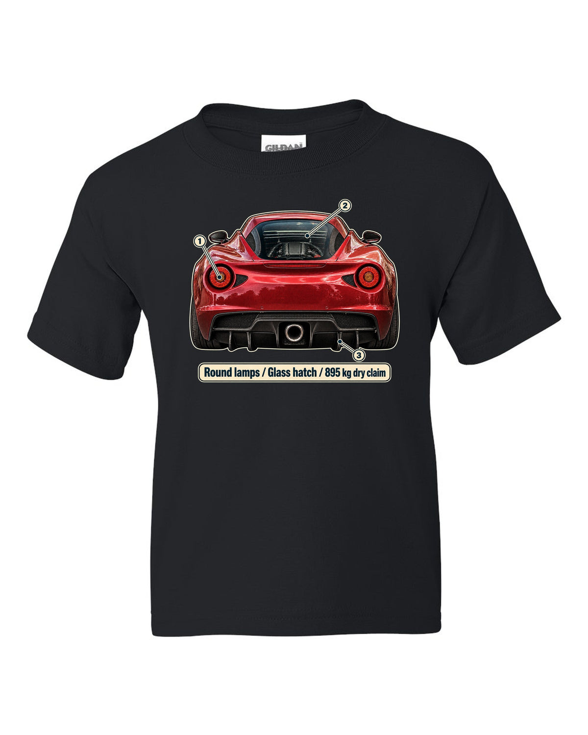 Taillight macro print of the Alfa Romeo 4C showing round lamps and glass ch black kids tee front view with the design