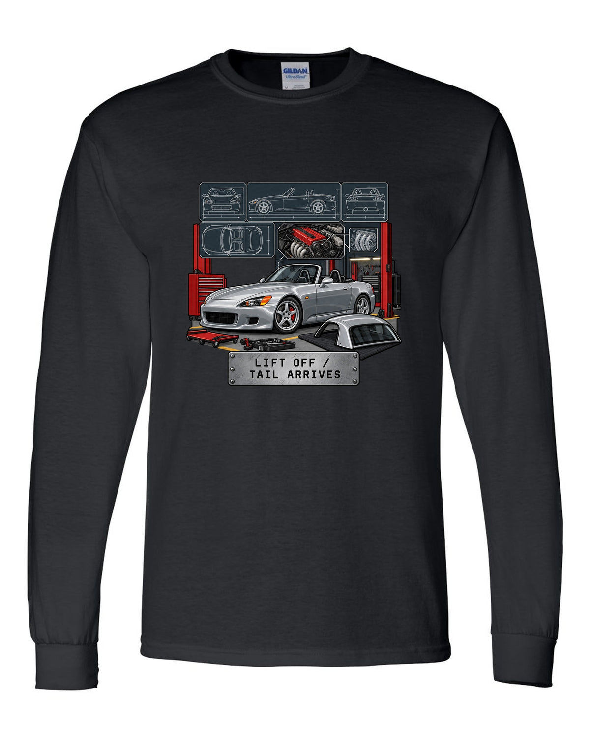 Spec sheet data plate print of a 1999 Honda S2000 AP1 roadster with lift off tail arrives text black long sleeve front view with the design