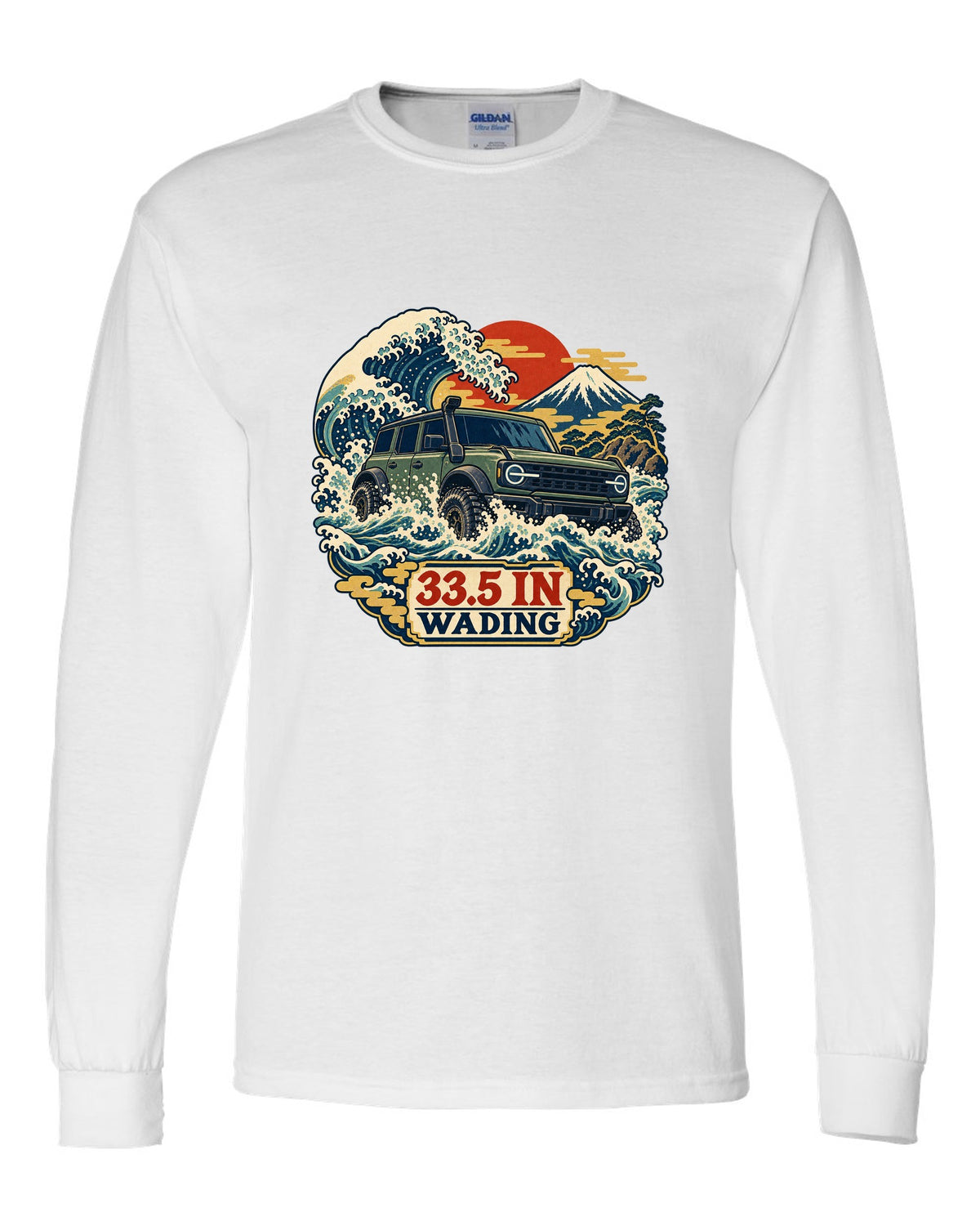 Ford Bronco 6G four-door with snorkel wading a wave in an ukiyo-e print white long sleeve front view with the design