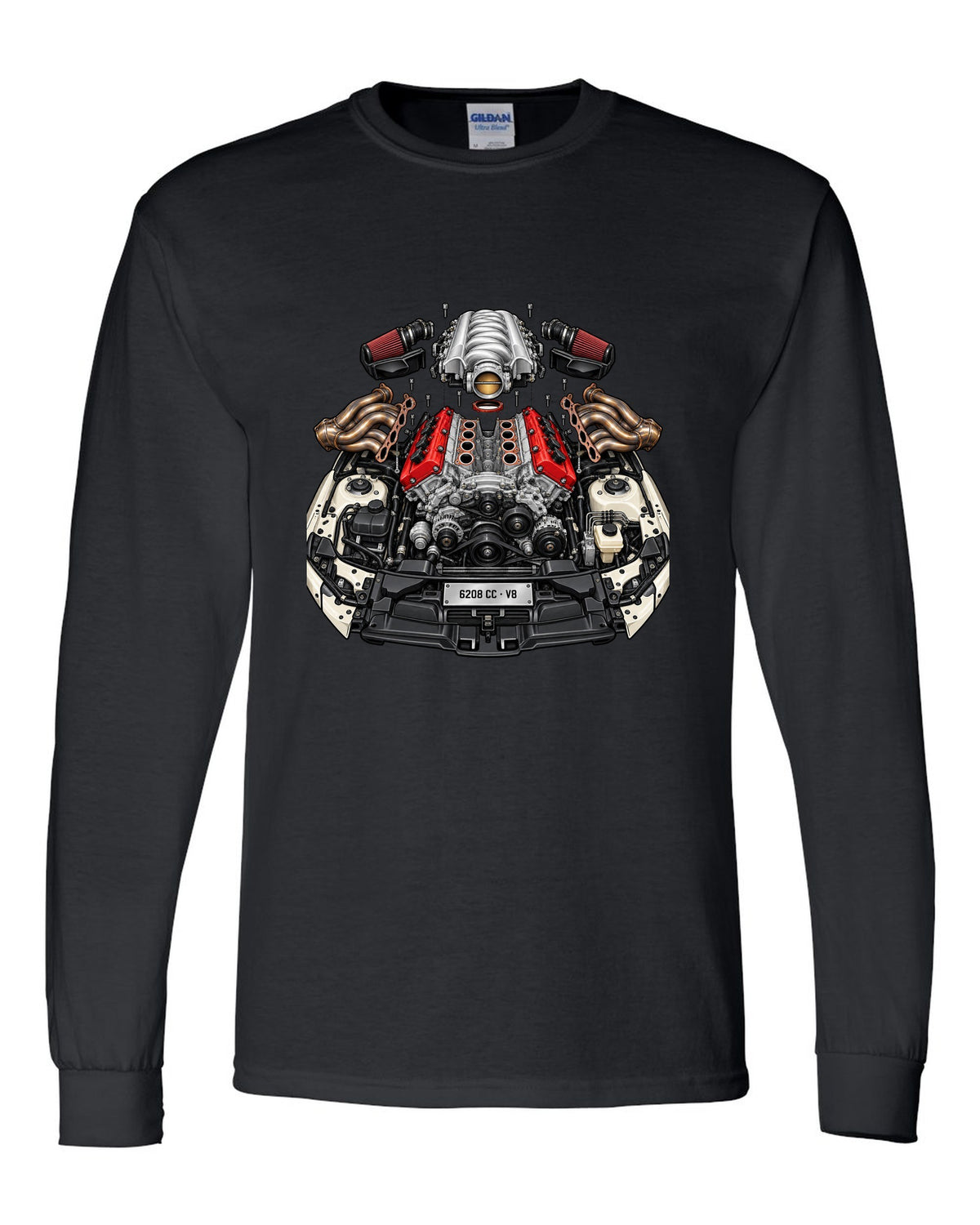 Exploded cutaway illustration of a Mercedes AMG M156 6.2 V8 engine black long sleeve front view with the design