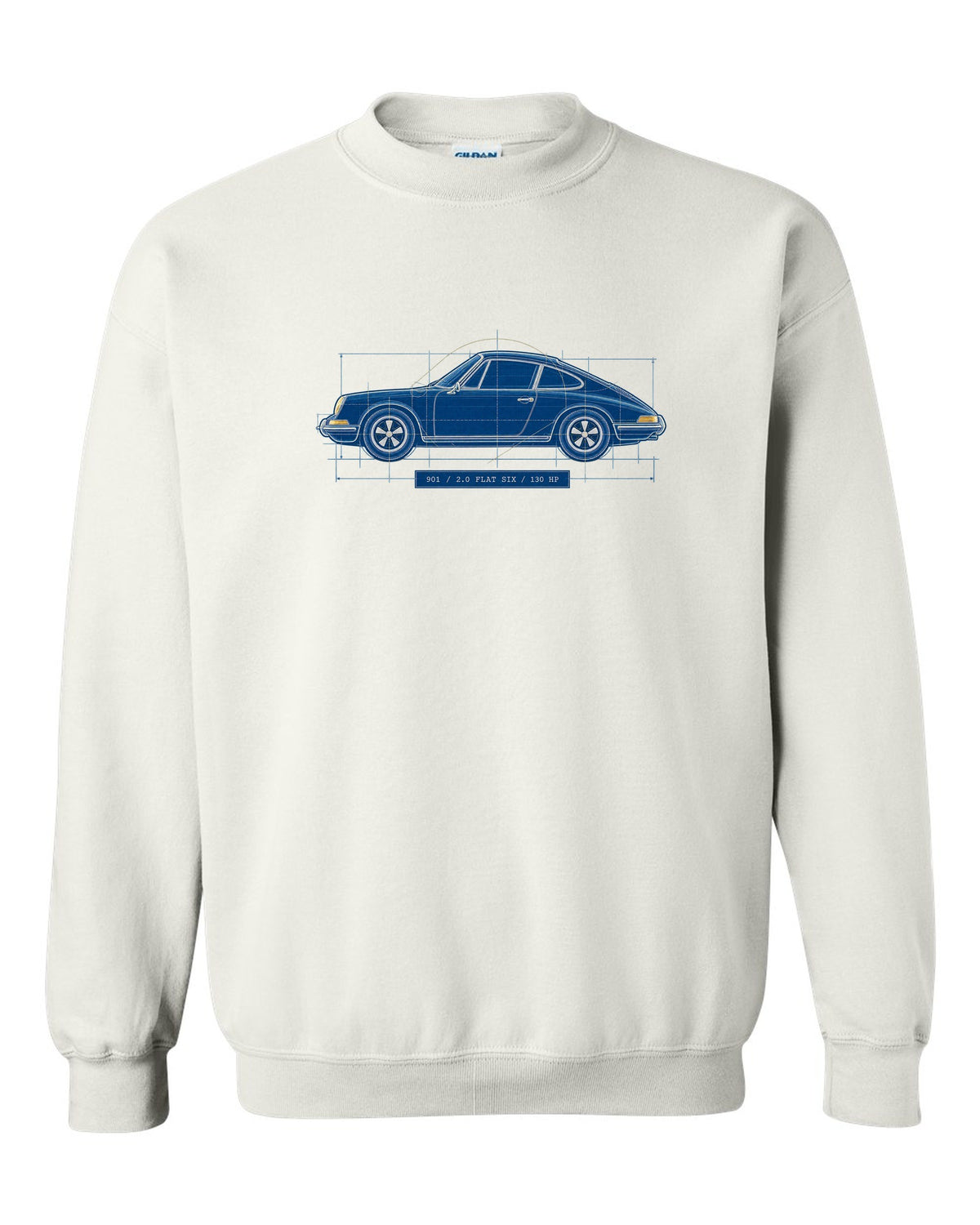 Porsche 911 901 1964 Cyanotype Blueprint Profile white crewneck front view with the design