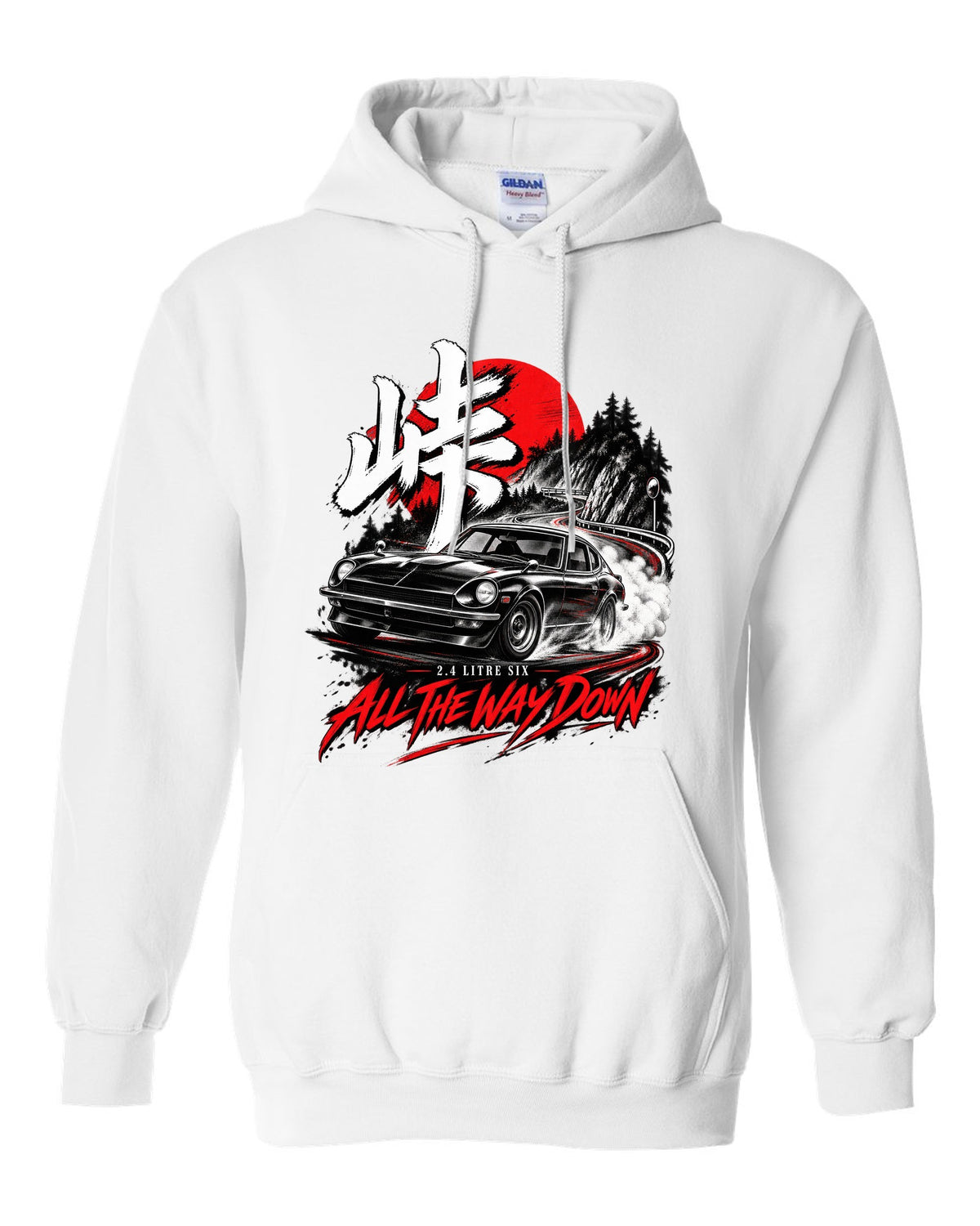 print of a 1971 Datsun 240Z HLS30 sliding downhill at night with touge kanji white pull over hoodie front view with the design