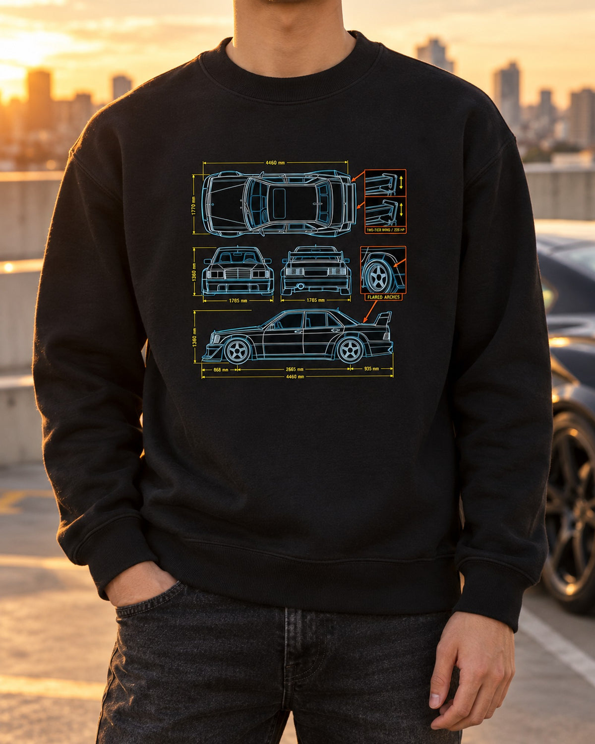 Mercedes 190E Evo II W201 Top-Down Blueprint Shirt, 235 HP Crewneck Black worn hero