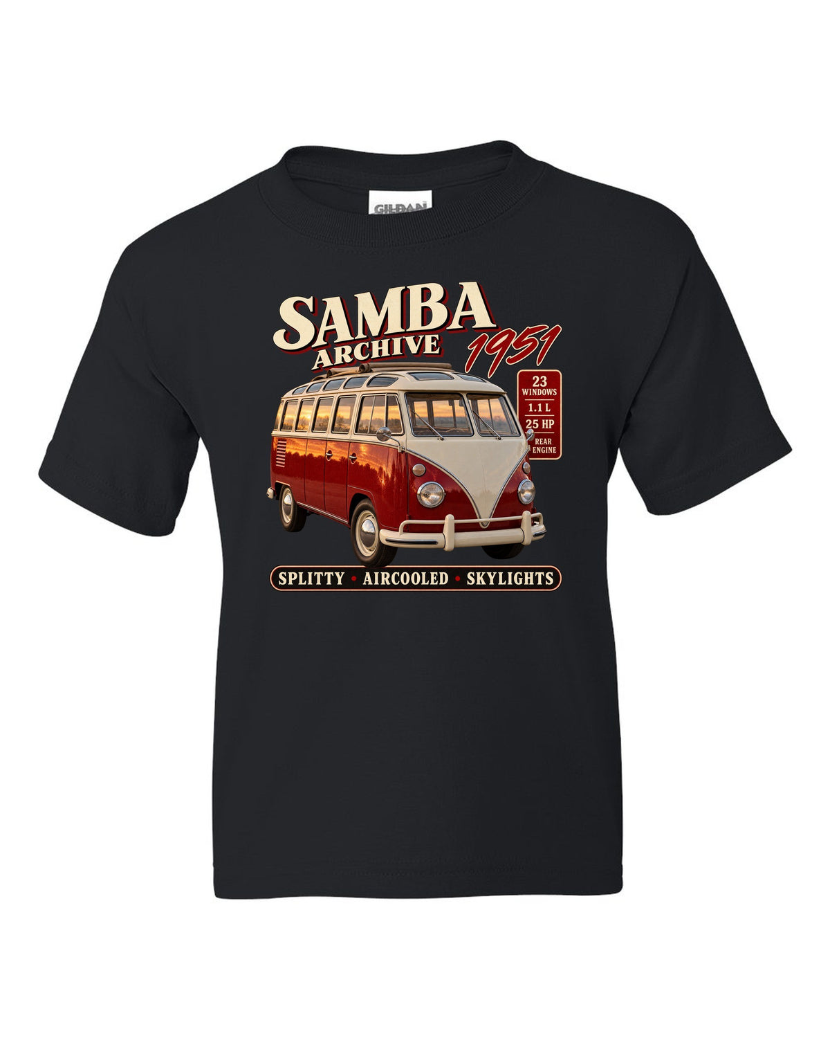 Archive panel print of a VW T1 Samba bus front three-quarter with 23 windows text black kids tee front view with the design