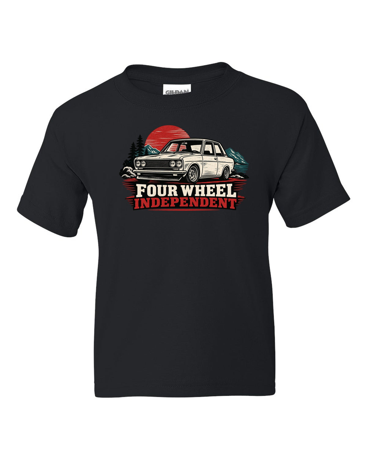 Linocut print of a Datsun 510 with Four Wheel Independent lettering black kids tee front view with the design