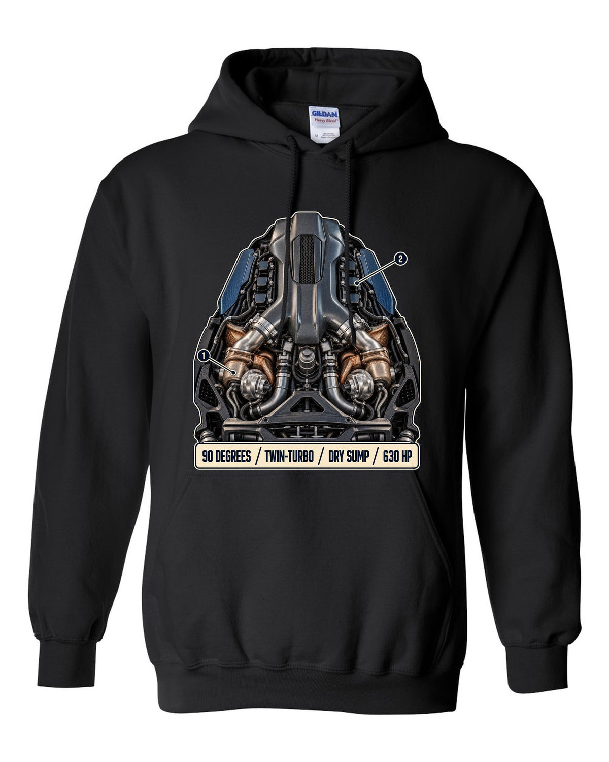Maserati MC20 Nettuno V6 engine hero illustration, print black pull over hoodie front view with the design