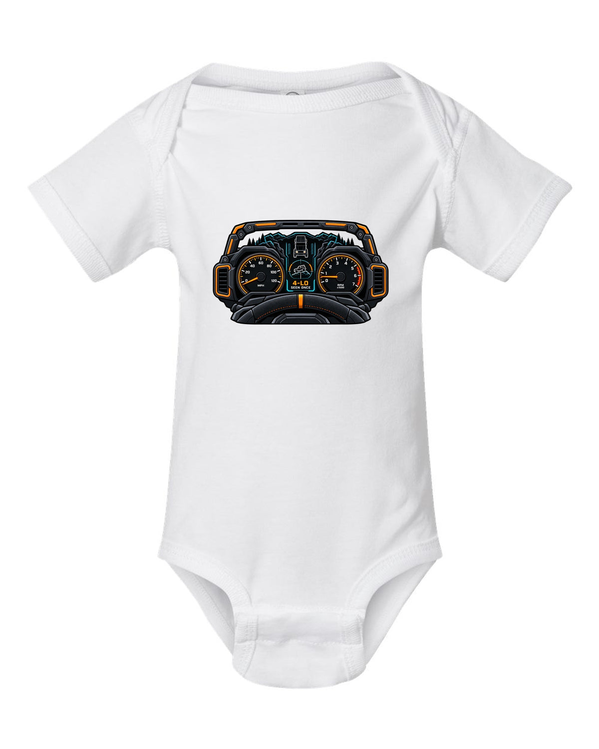 Ford Bronco 6G U725 gauge cluster HUD print white baby onesie front view with the design