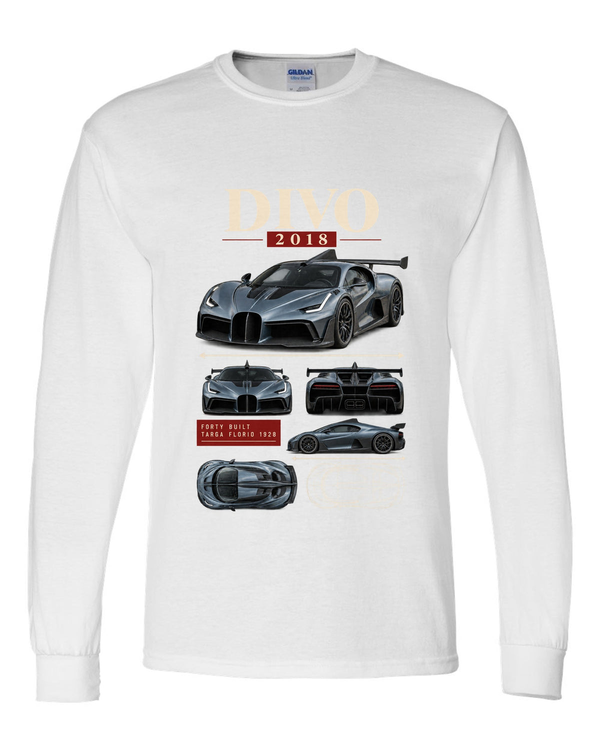 Archive panel design of the Bugatti Divo 2018 with Targa Florio 1928 text, print white long sleeve front view with the design
