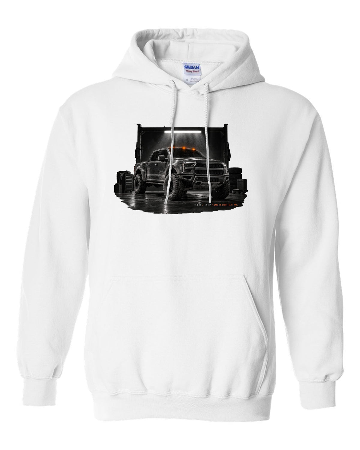 Ford Bronco Raptor 2022 U725 garage night print with 3.0 TT and 418 HP text white pull over hoodie front view with the design