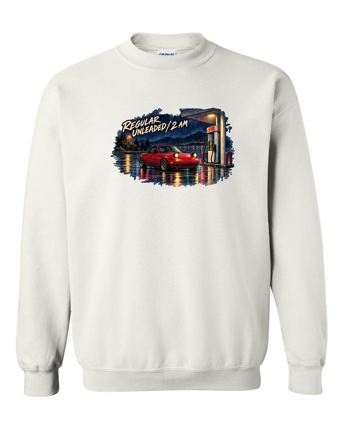 Watercolour wet-road night scene of a Mazda MX-5 NA at a fuel stop white crewneck front view with the design