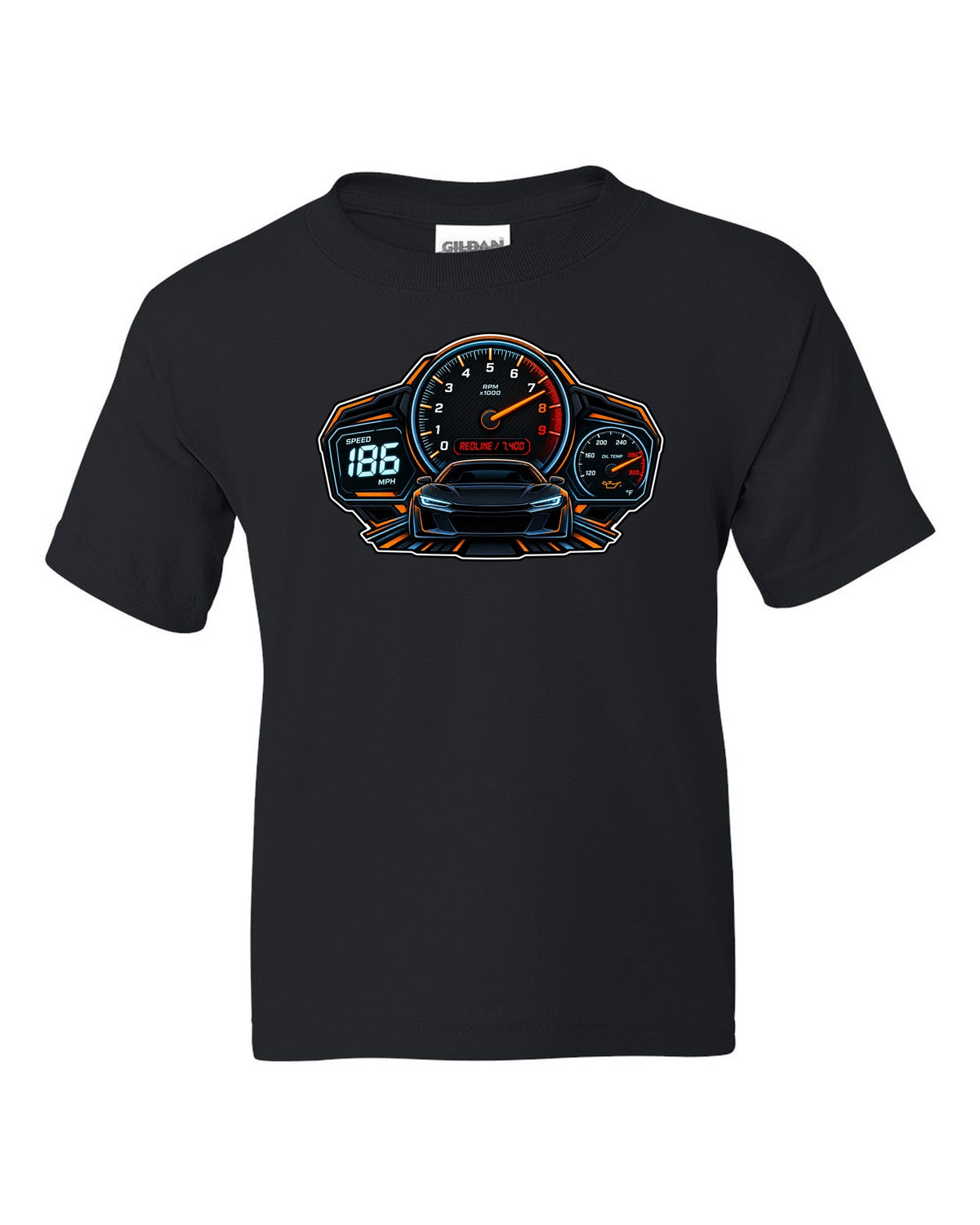 Gauge cluster HUD illustration for a Toyota GR86 ZN8 with Redline 7,400 lettering black kids tee front view with the design