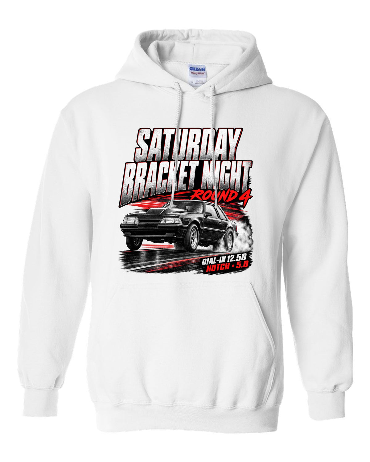 Race poster illustration of a Fox body Mustang notchback drag build for bracket night round 4 white pull over hoodie front view with the design