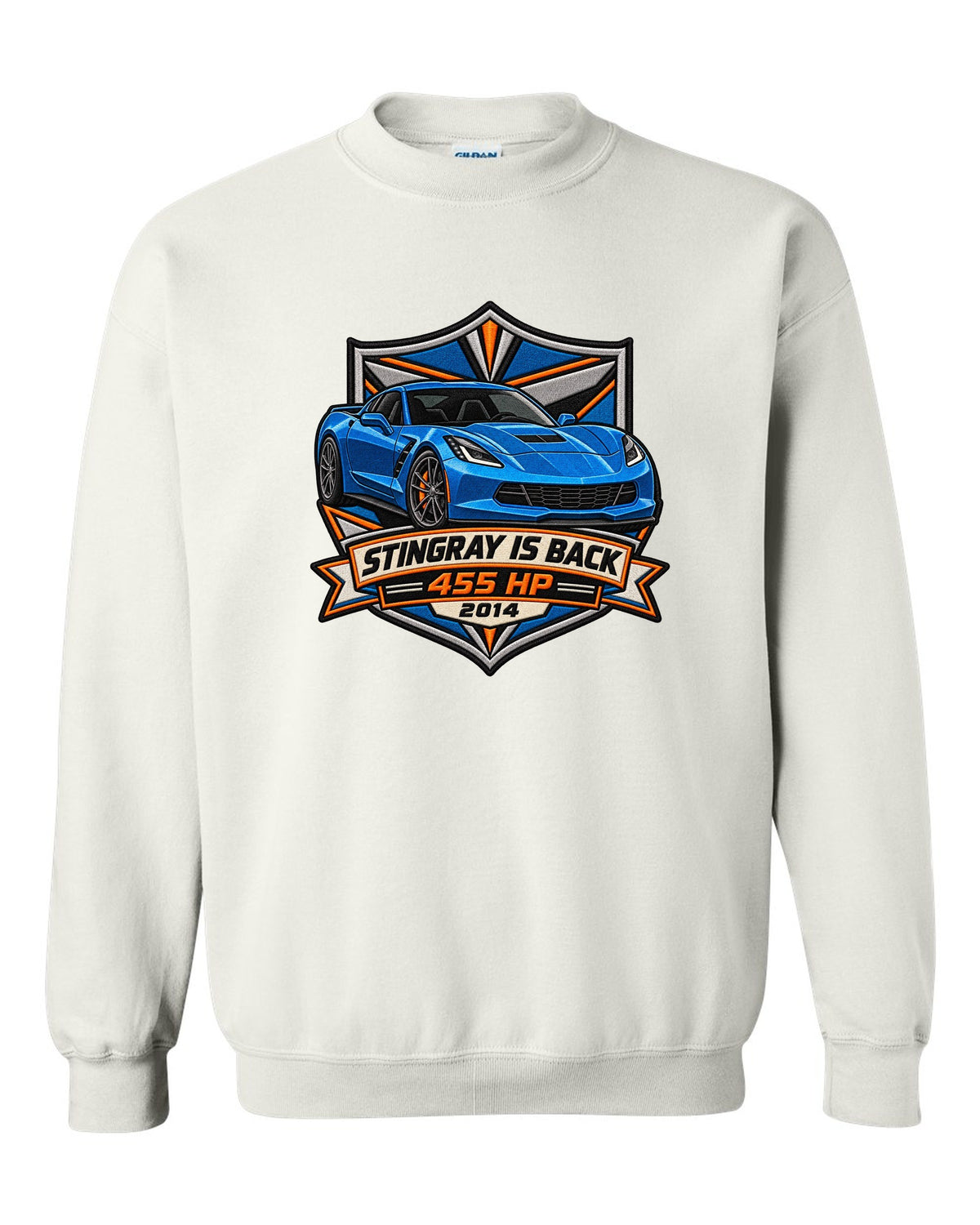 Varsity crest style print of a 2014 Chevrolet Corvette C7 Stingray with 455 HP and gill vent detail white crewneck front view with the design