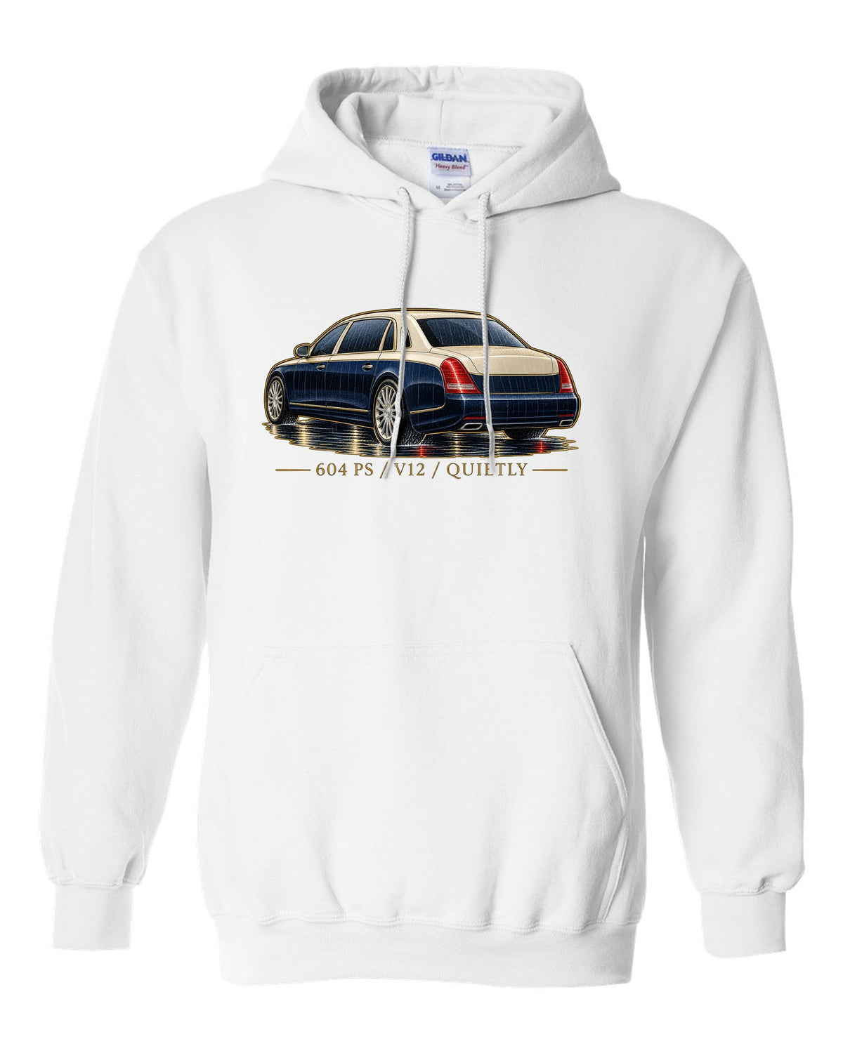 Single-line contour drawing of a Maybach 57 S W240 in rain with 604 PS V12 Quietly text white pull over hoodie front view with the design