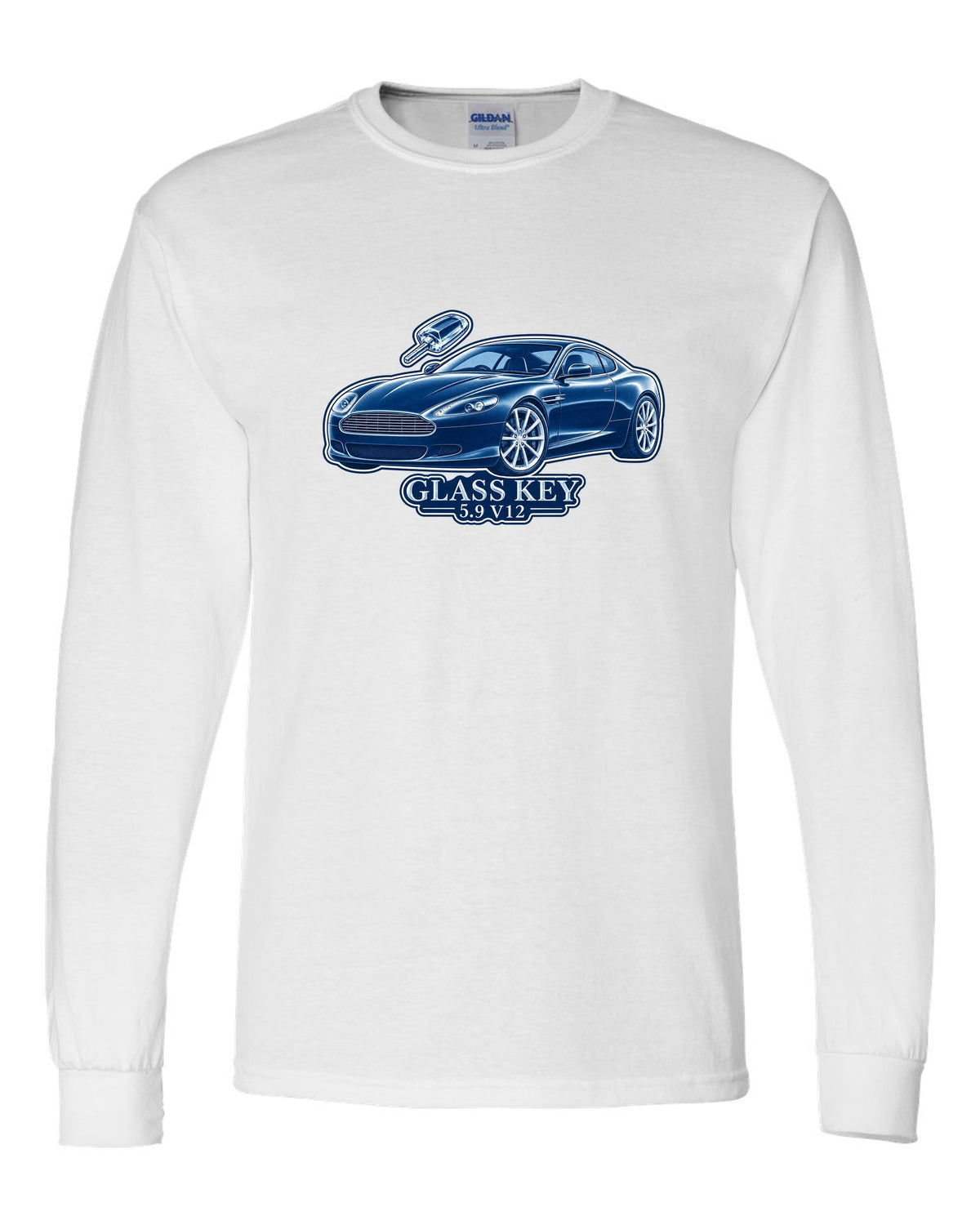 Cel-shaded anime night street print of a 2005 Aston Martin V8 Vantage in rain with glass key lettering white long sleeve front view with the design
