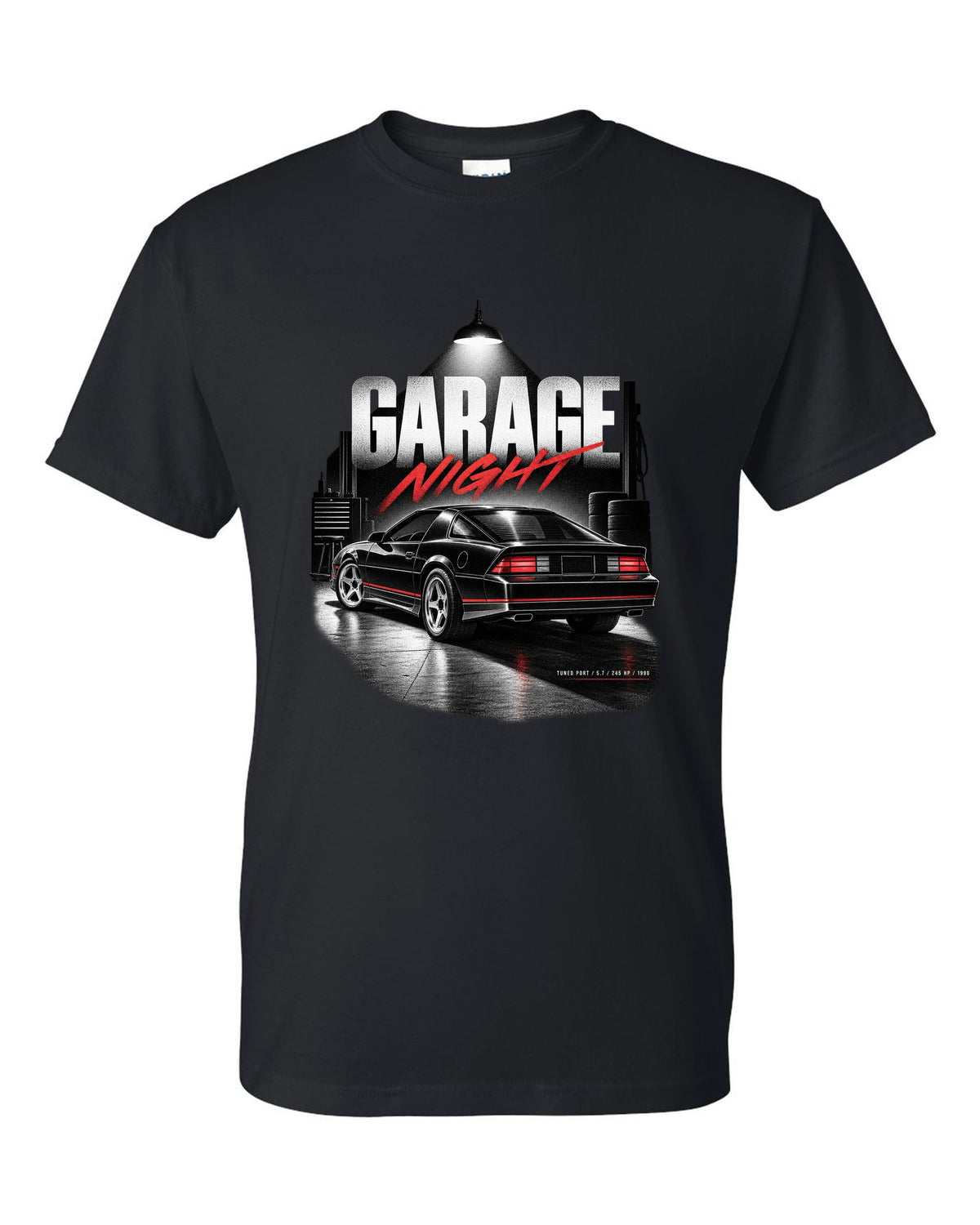 Garage-night print of a 1990 Chevrolet Camaro IROC-Z with tuned port 5.7 245 hp text black t-shirt front view with the design