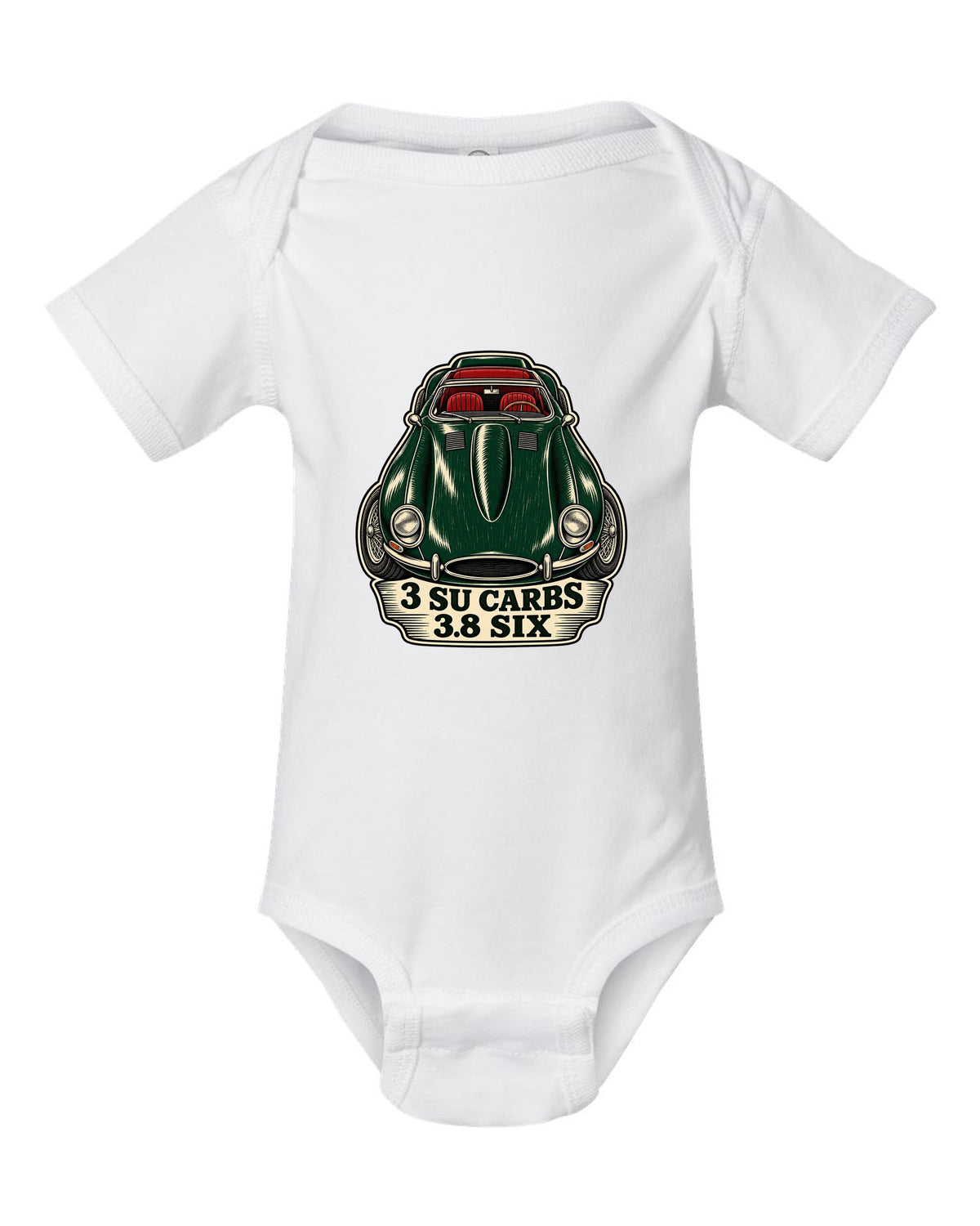 Jaguar E-Type Series 1 long bonnet woodcut with 3 SU CARBS 3.8 SIX lettering white baby onesie front view with the design