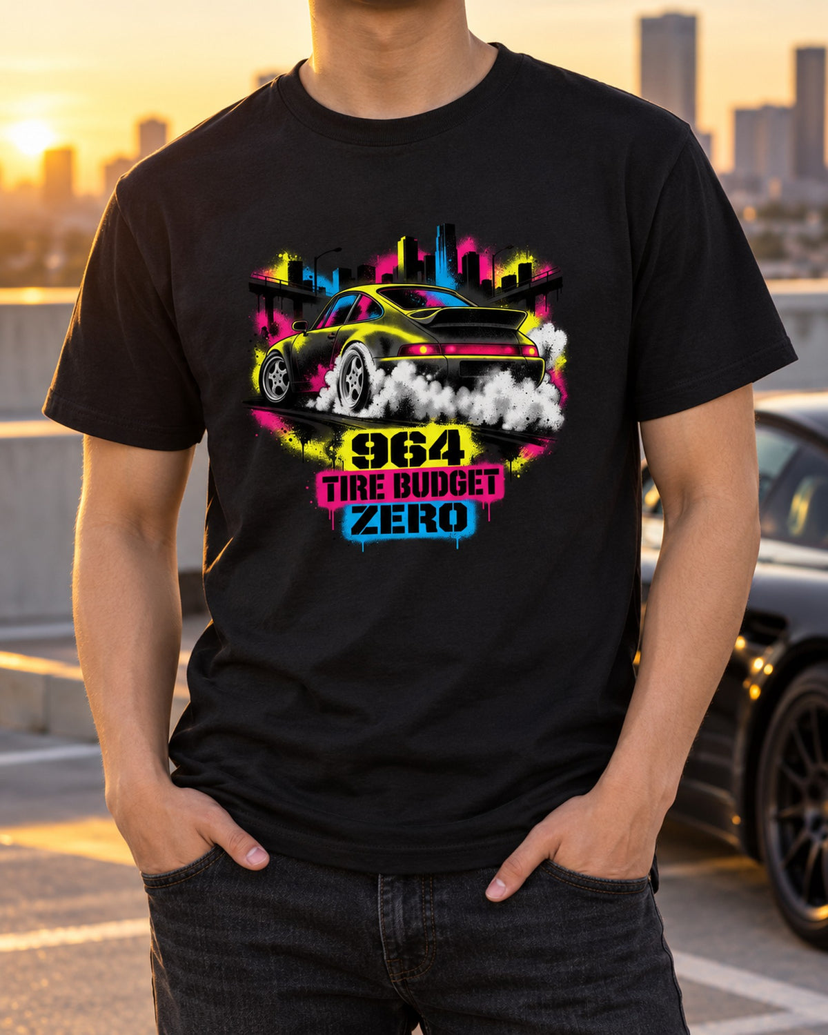 Porsche 964 Carrera 4 Smoke Show Stencil Shirt, Tire Budget T-Shirt Black worn hero