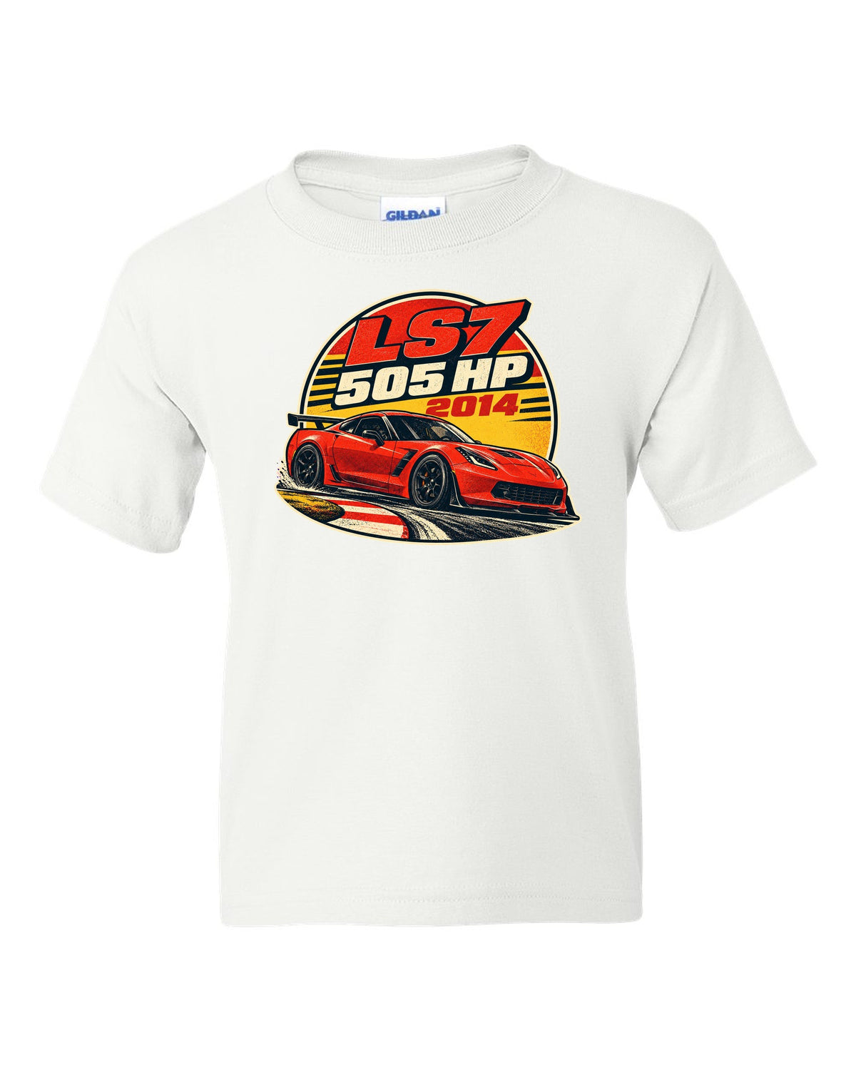 2014 Chevrolet Camaro Z/28 LS7 vintage race poster print with 505 HP text white kids tee front view with the design