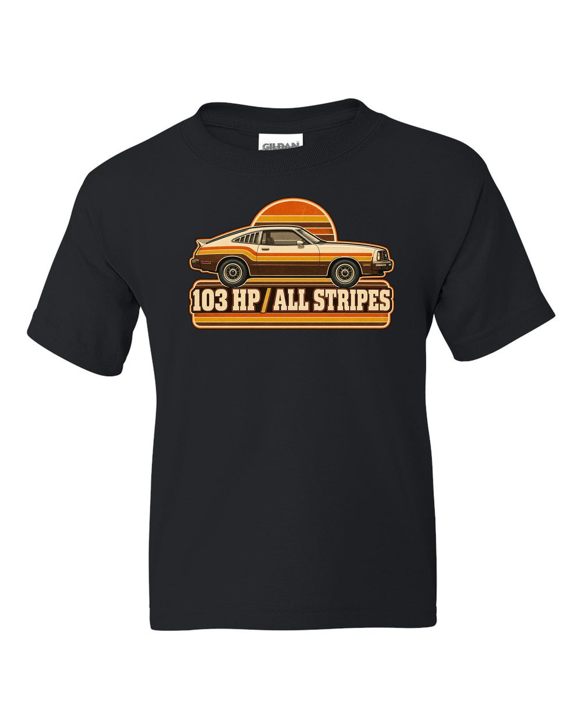 Vintage 70s race poster print of a 1976 Ford Mustang II fastback with stripes black kids tee front view with the design