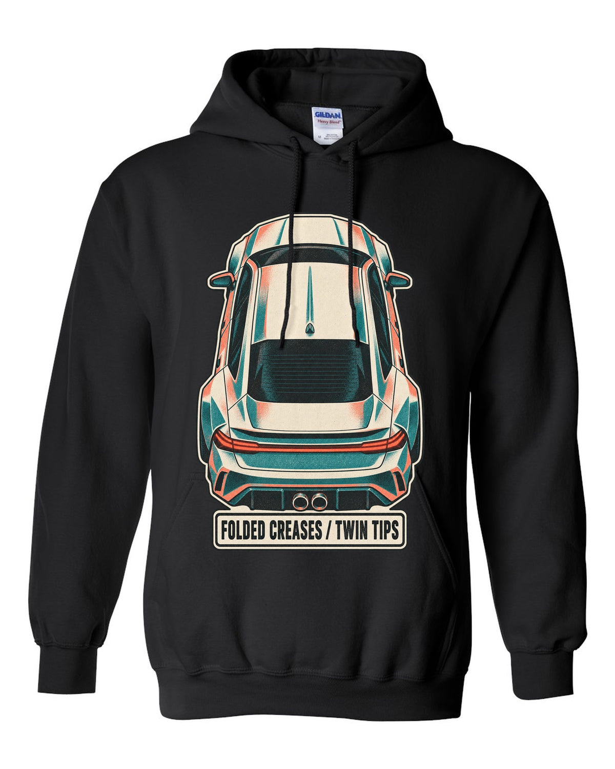 Risograph duotone top-down print of a Hyundai Elantra N CN7 with folded creases and twin tips text black pull over hoodie front view with the design