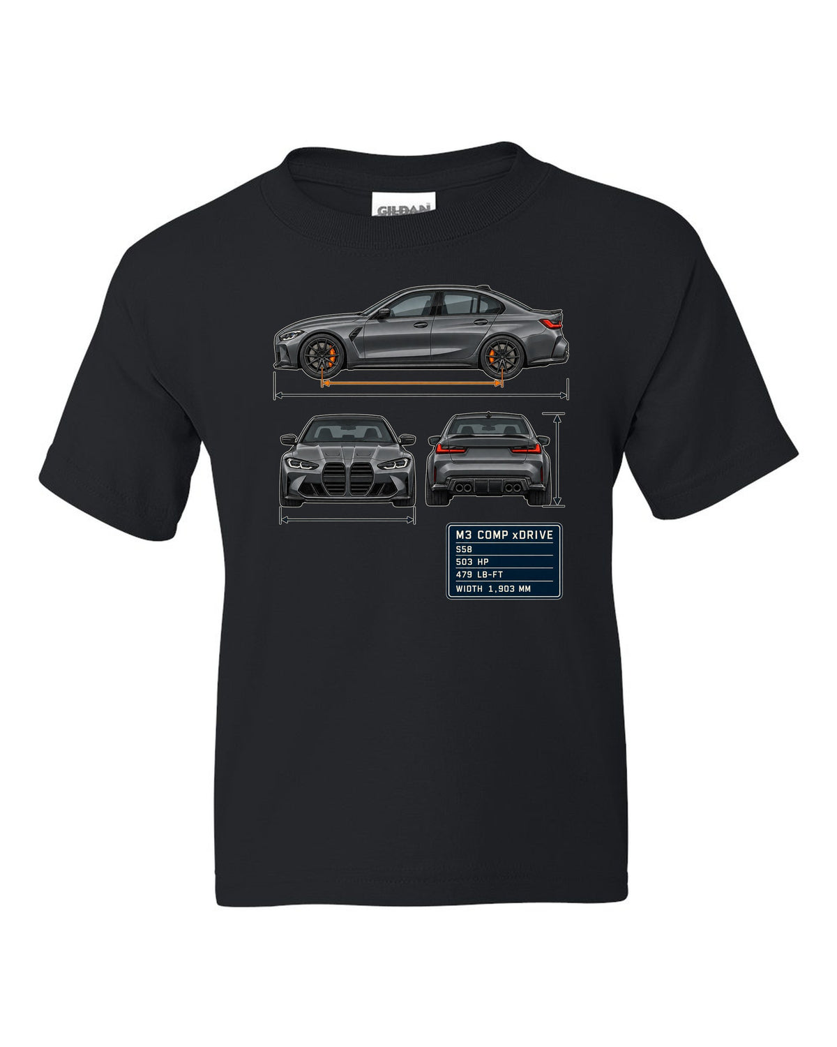BMW M3 Competition xDrive G80 three-view drawing with spec table print black kids tee front view with the design