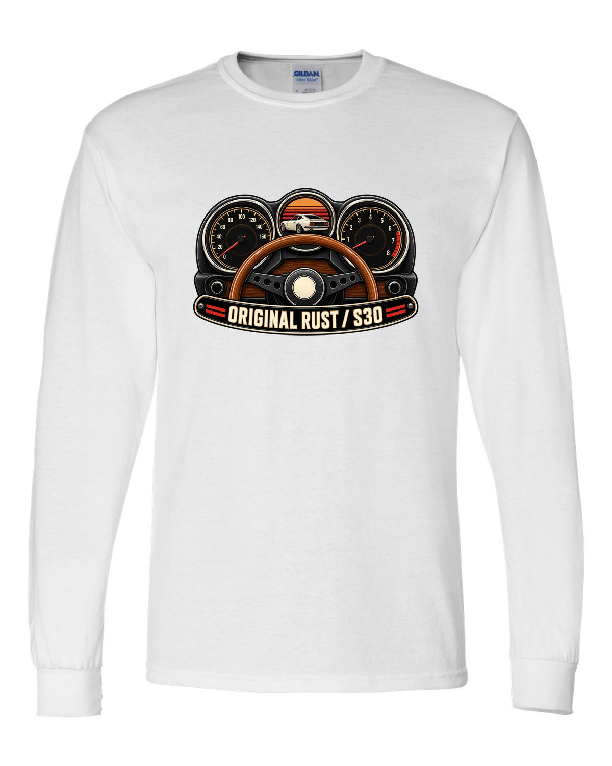 Analog gauge cluster print for the Datsun 240Z S30 reading Original Rust white long sleeve front view with the design