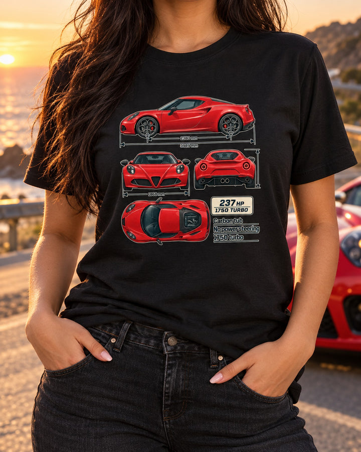 Alfa Romeo 4C Coupe Dimension Blueprint Shirt, Car Guy Gift T-Shirt Black worn hero