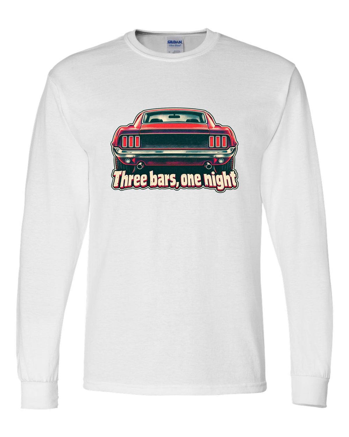 Risograph halftone print of the 1969 Ford Mustang fastback taillights with three bars white long sleeve front view with the design