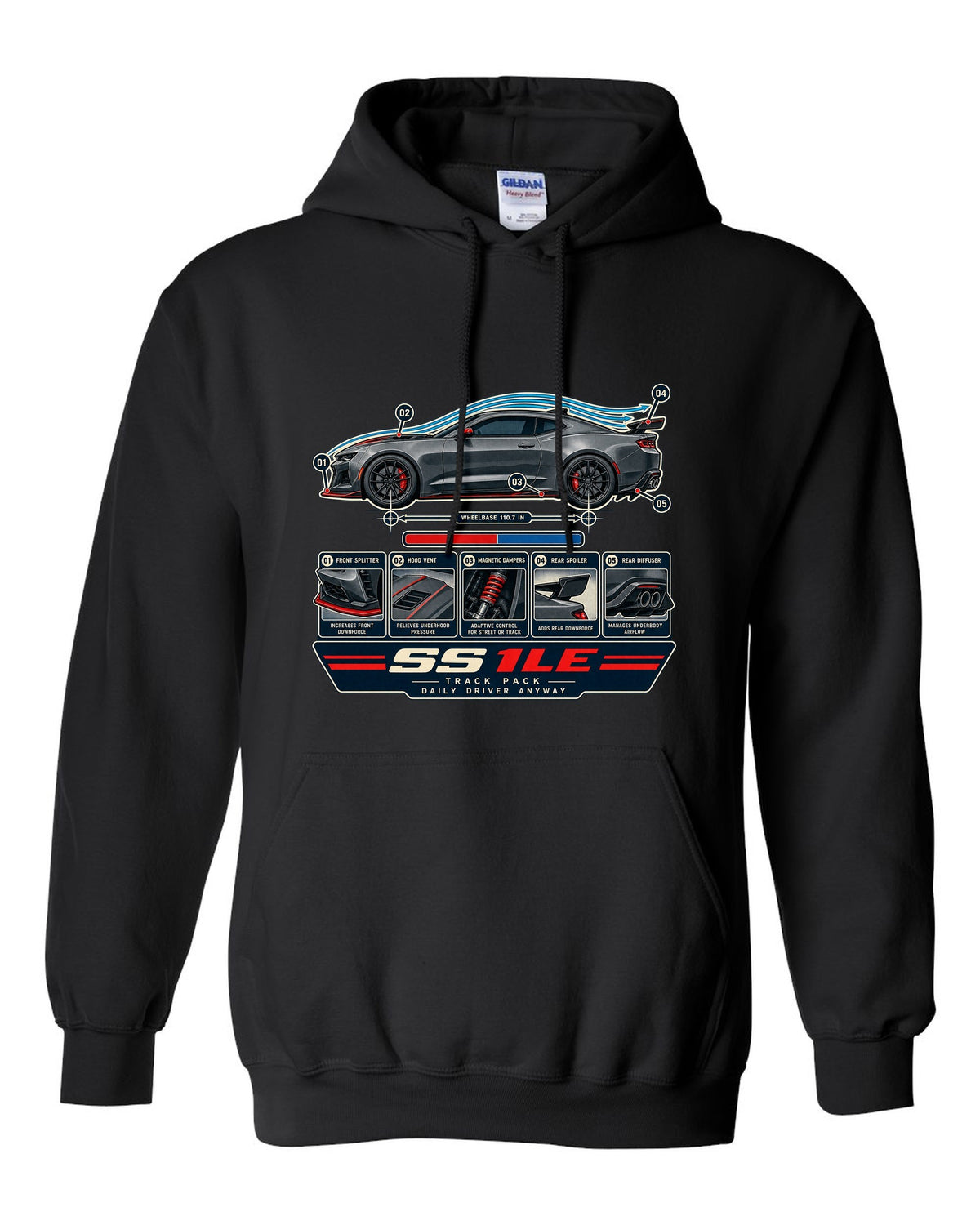 Airflow cutaway print of a 6th generation Chevrolet Camaro SS 1LE black pull over hoodie front view with the design