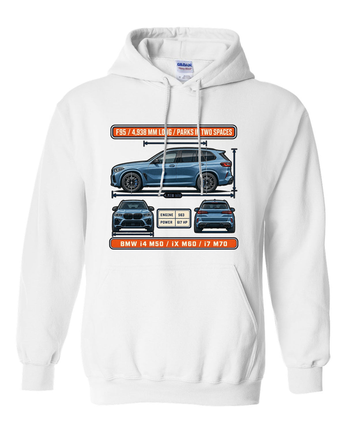 Dimension blueprint print of the BMW X5 M Competition F95 with 4,938 mm length white pull over hoodie front view with the design