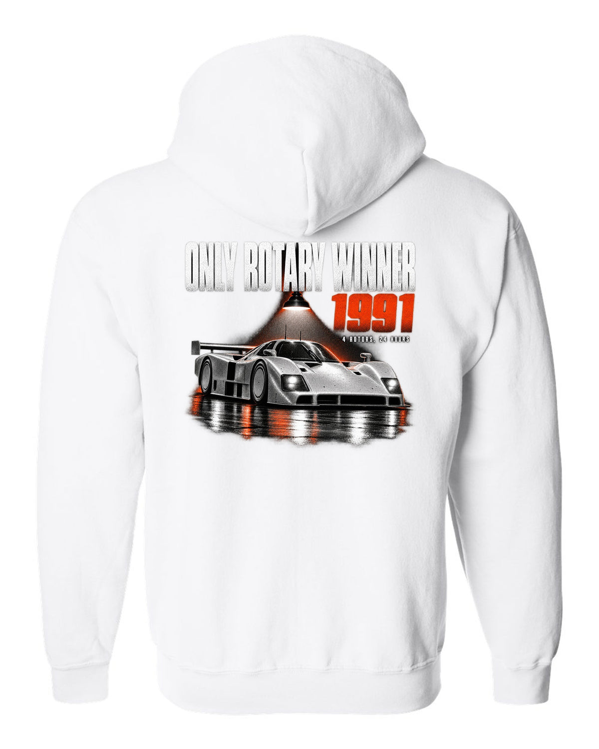 Mazda 787B in a dark garage with only rotary winner 1991 lettering white zip hoodie back view with the design