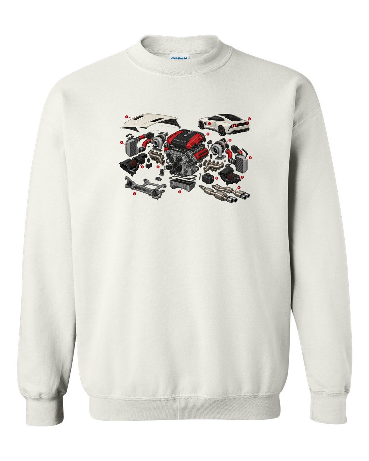 Isometric exploded cutaway print of the Kia Stinger GT CK Lambda II 3.3T engine white crewneck front view with the design