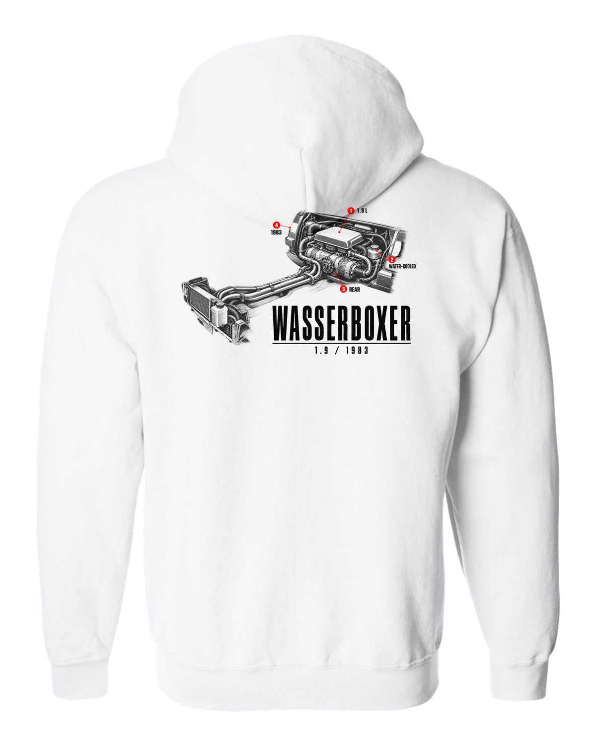 Engine hero print of the VW T3 Wasserboxer 1.9 water-cooled boxer engine with 1983 text white zip hoodie back view with the design