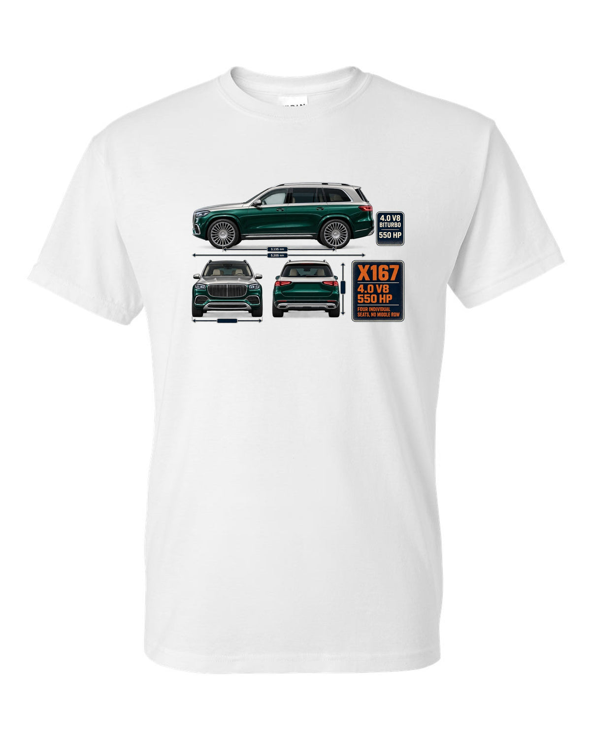 Mercedes-Maybach GLS 600 X167 three-view spec print in obsidian green and silver white t-shirt front view with the design