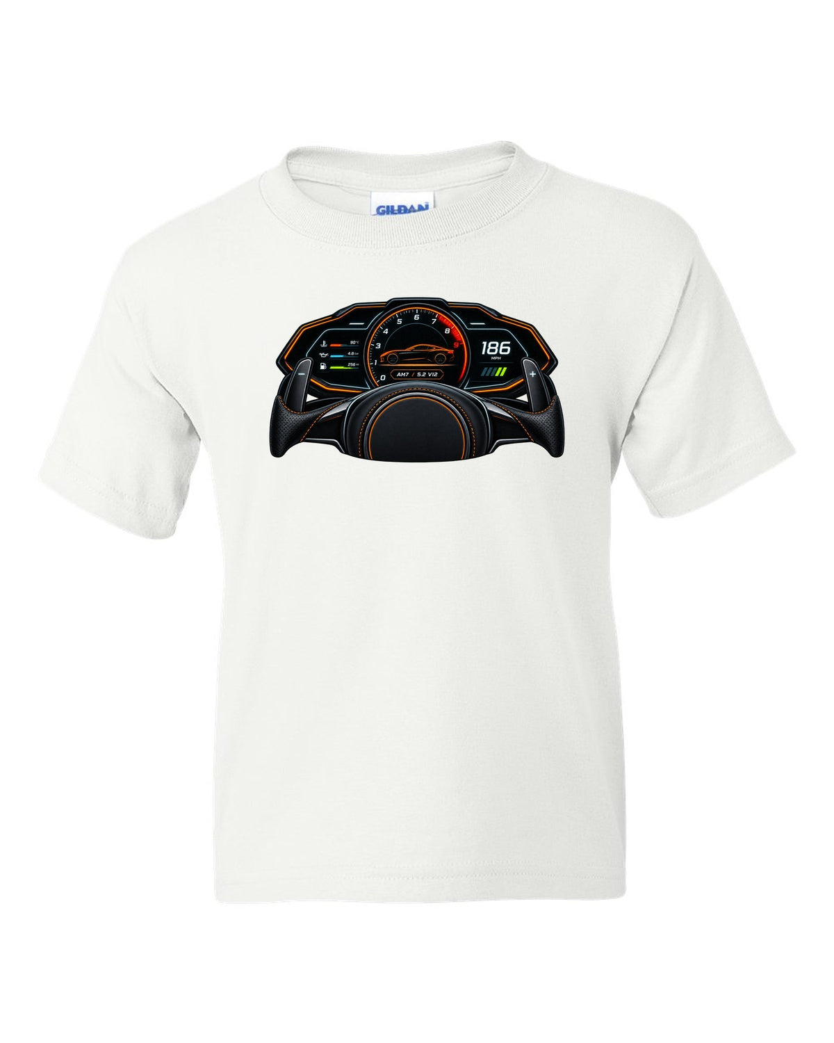 Gauge cluster and HUD style print for the 2018 Aston Martin DBS Superleggera with AM7 and 5.2 V12 readout white kids tee front view with the design