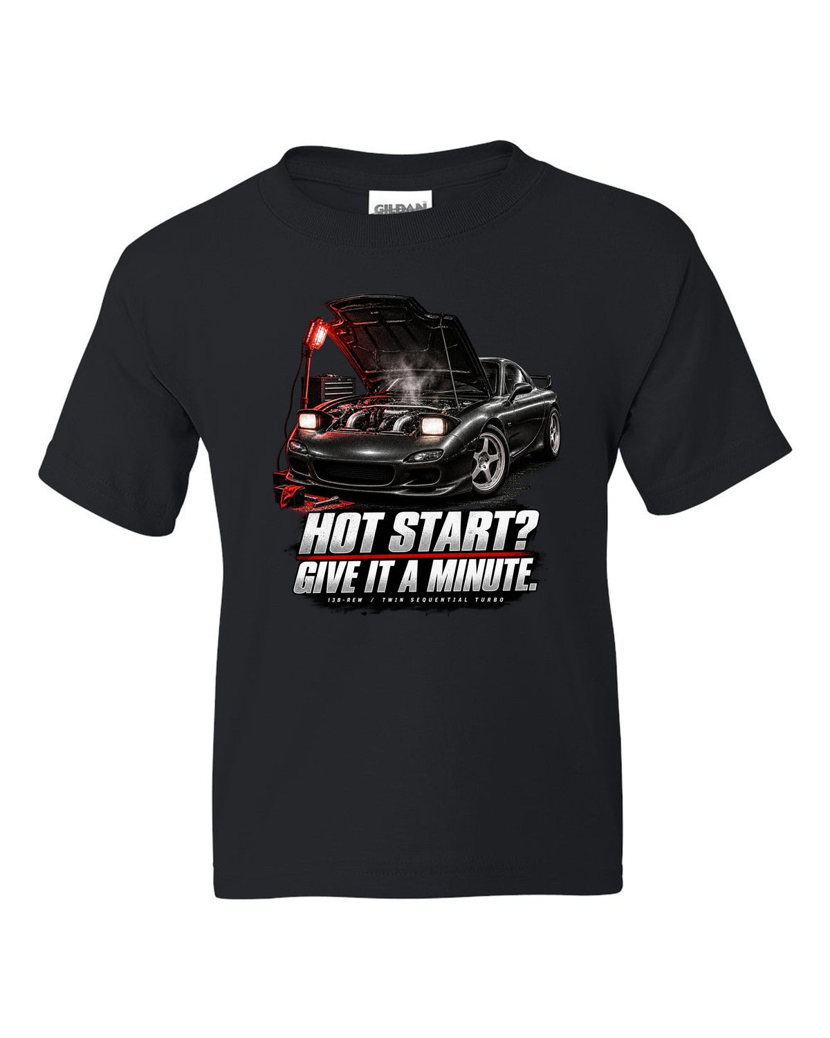 Garage night print of a Mazda RX-7 FD3S with hot start joke and 13B-REW lettering black kids tee front view with the design