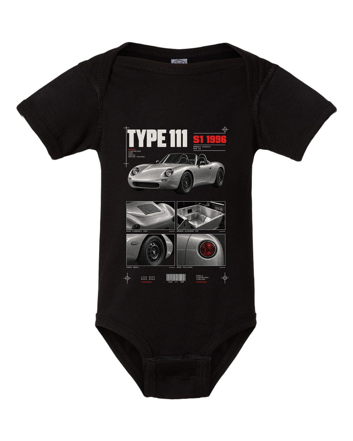 Dossier panel print of a 1996 Lotus Elise S1 Type 111 with bonded aluminium chassis black baby onesie front view with the design