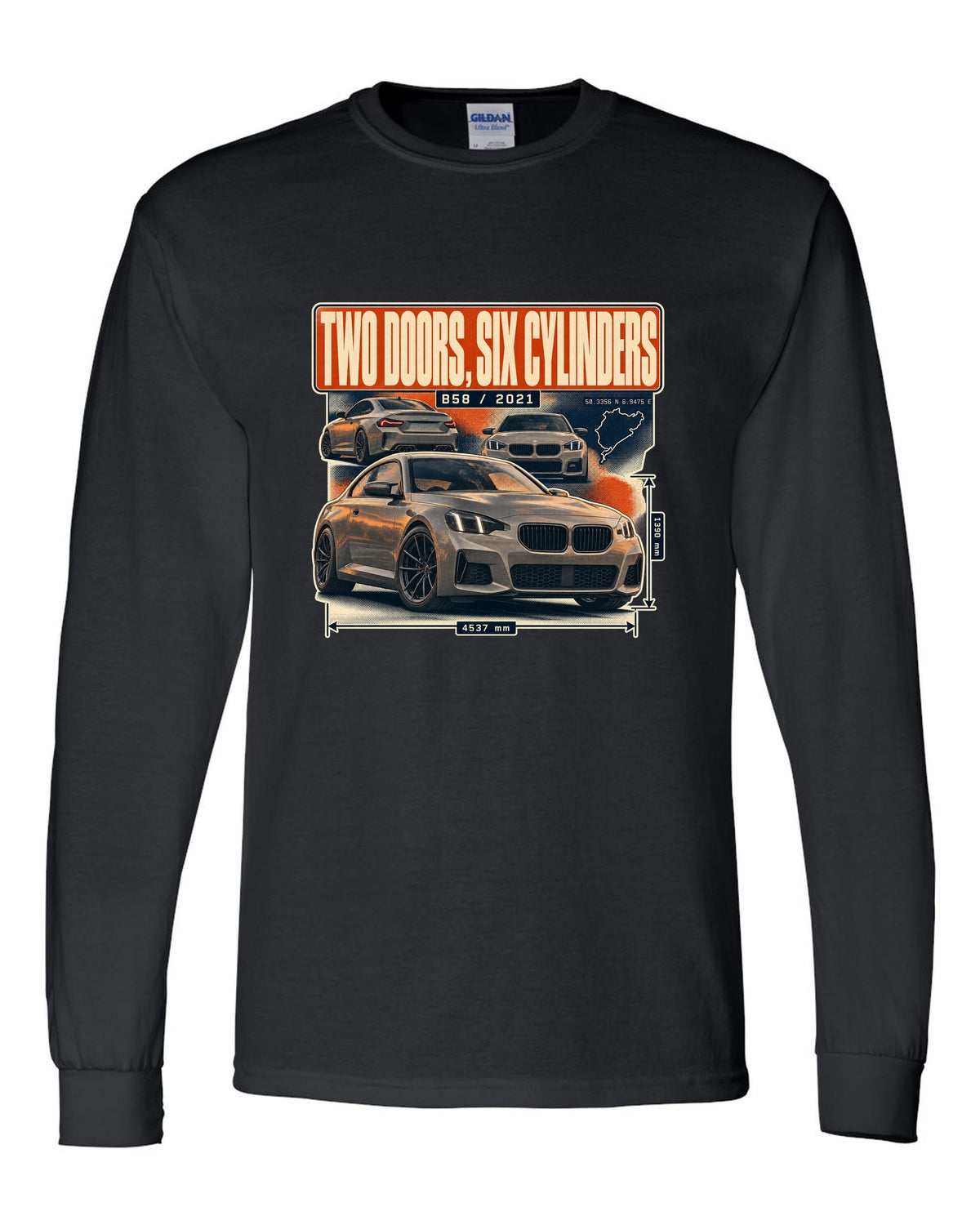 BMW M240i G42 coupe magazine-style editorial headline print black long sleeve front view with the design