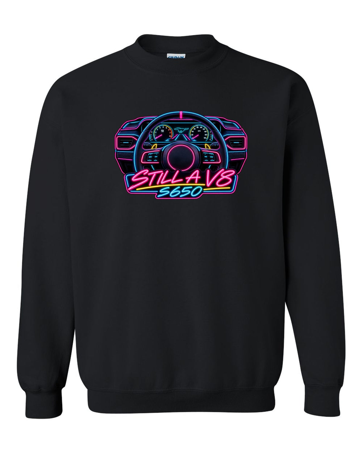Neon sign style 2024 S650 Ford Mustang coupe with Still a V8 text black crewneck front view with the design