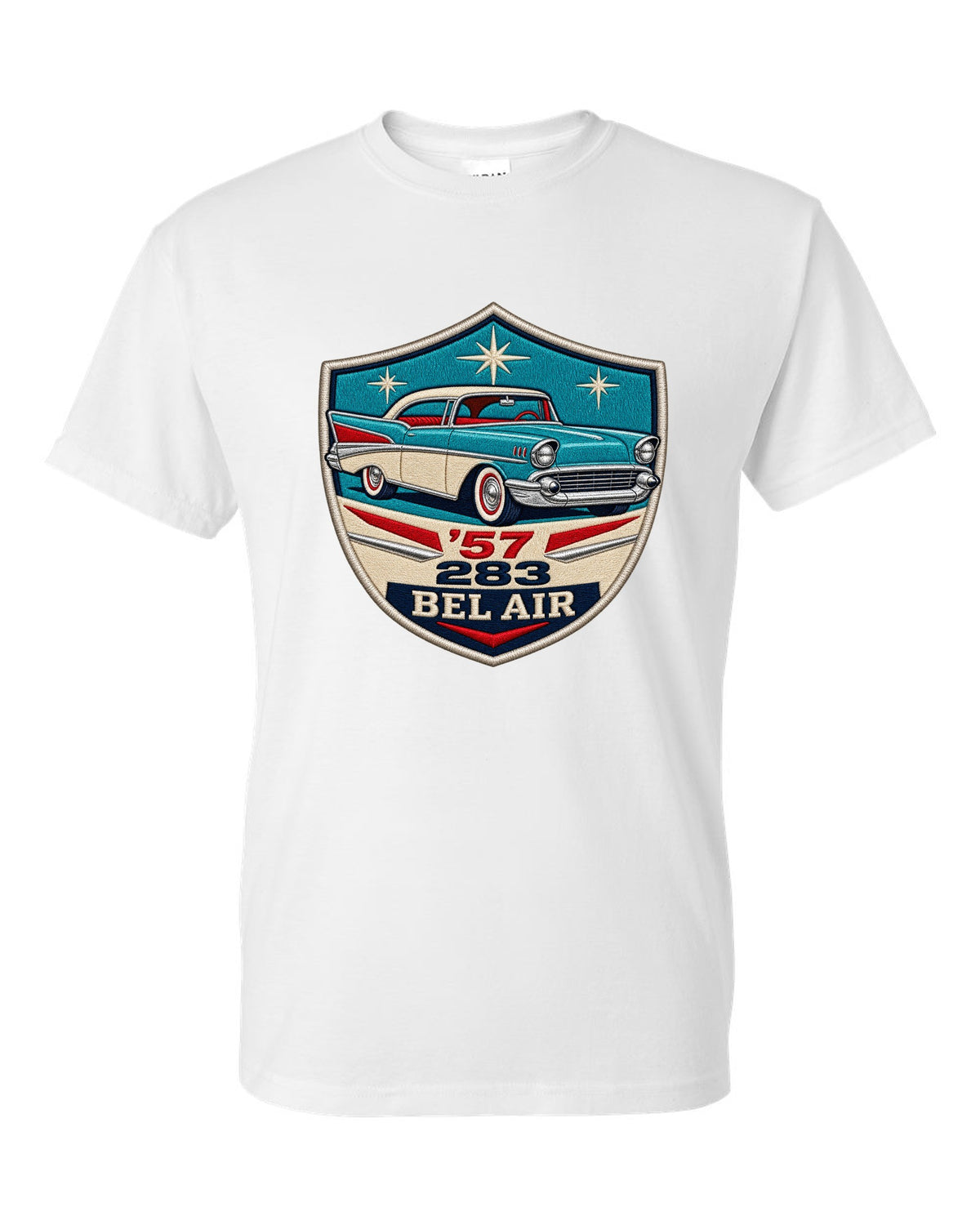 Original shield crest print for a 1957 Chevrolet Bel Air with 283 lettering white t-shirt front view with the design