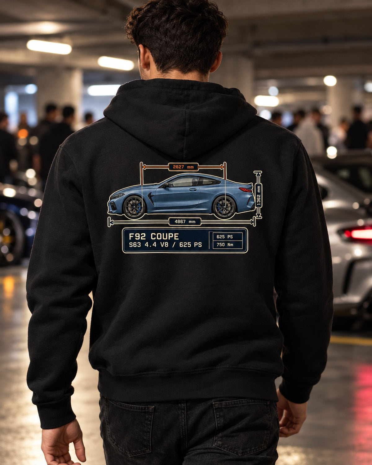 BMW M8 Competition Coupe F92 Dimension Blueprint Shirt Zip Hoodie Black worn hero