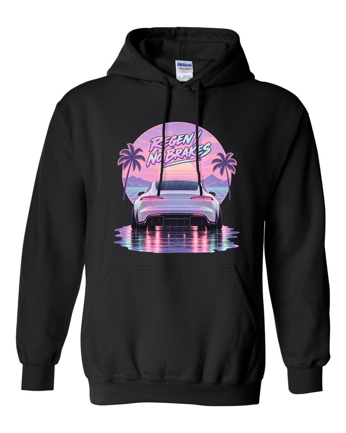 Vaporwave pastel scene of a 2021 Tesla Model S Plaid taillights in rain with the words Regen No Brakes black pull over hoodie front view with the design