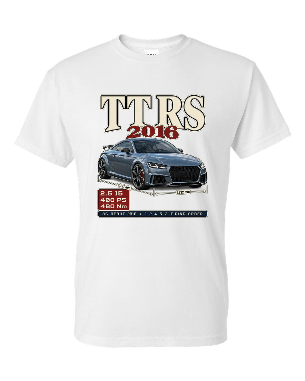Audi TT RS 8S 2016 archive panel print with firing order white t-shirt front view with the design