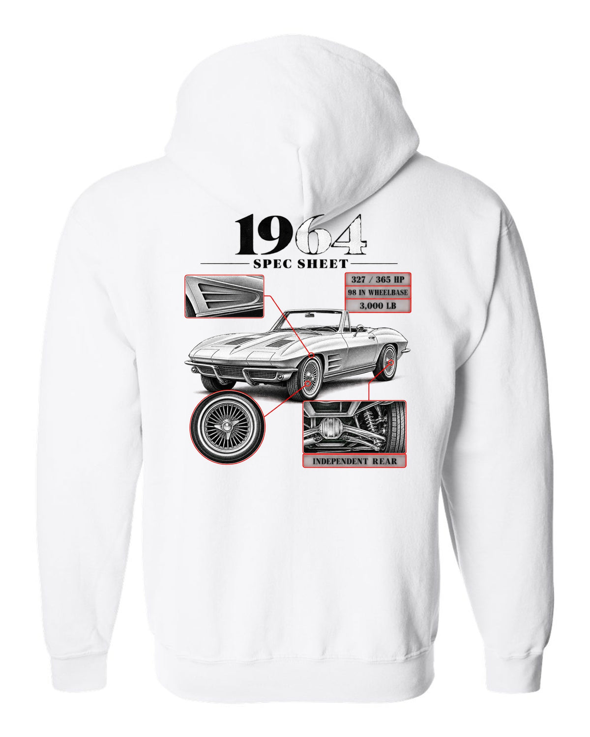 Chevrolet Corvette C2 Sting Ray 1964 convertible spec sheet print white zip hoodie back view with the design