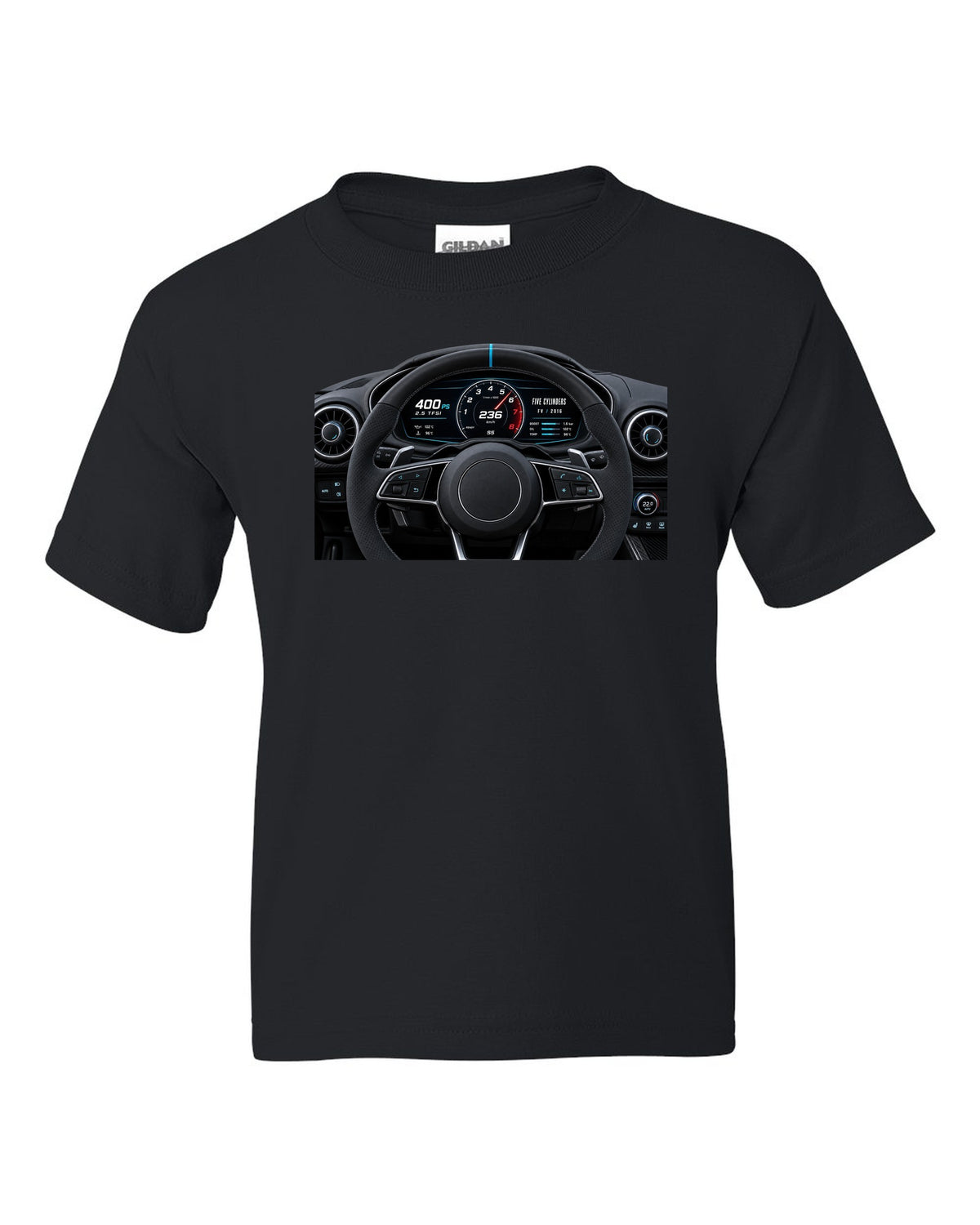 Audi TT RS FV virtual cockpit instrument cluster with 2.5 TFSI 400 PS text black kids tee front view with the design