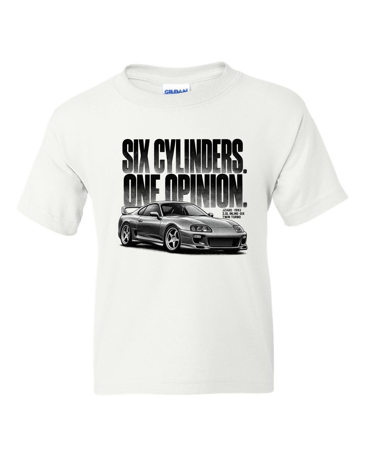 Halftone print of a Toyota Supra A80 JZA80 profile with the text Six Cylinders One Opinion white kids tee front view with the design