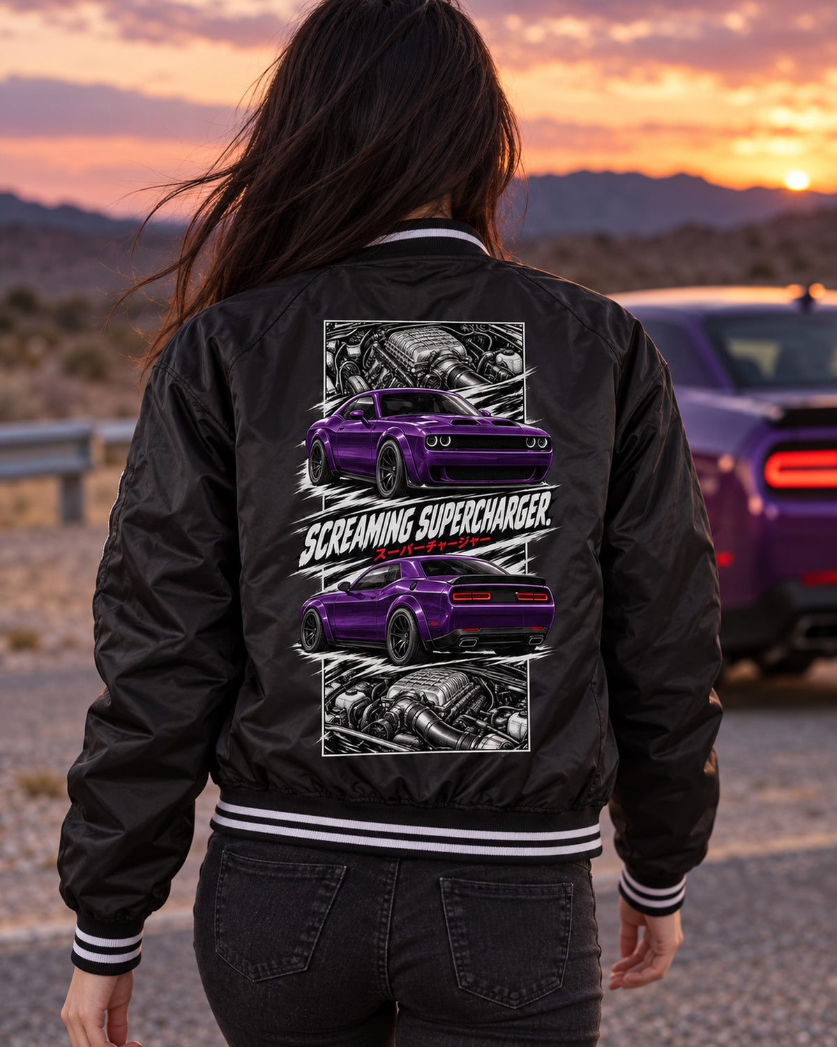 Dodge Hellcat Torn Poster Full-Back Graphic Tee Bomber Jacket Black worn hero